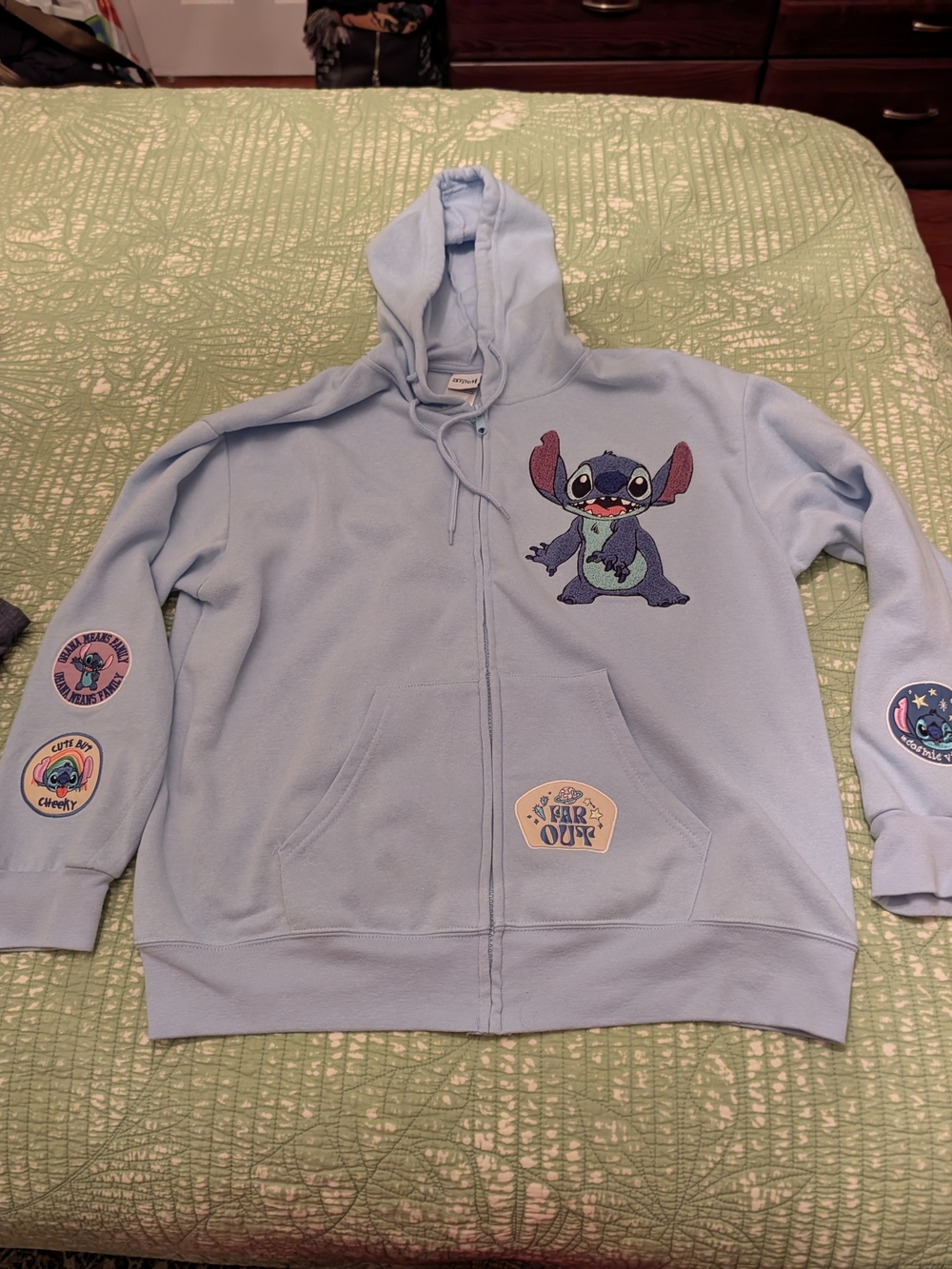 Disney Light Blue Stitch Zip Hoodie with Patches